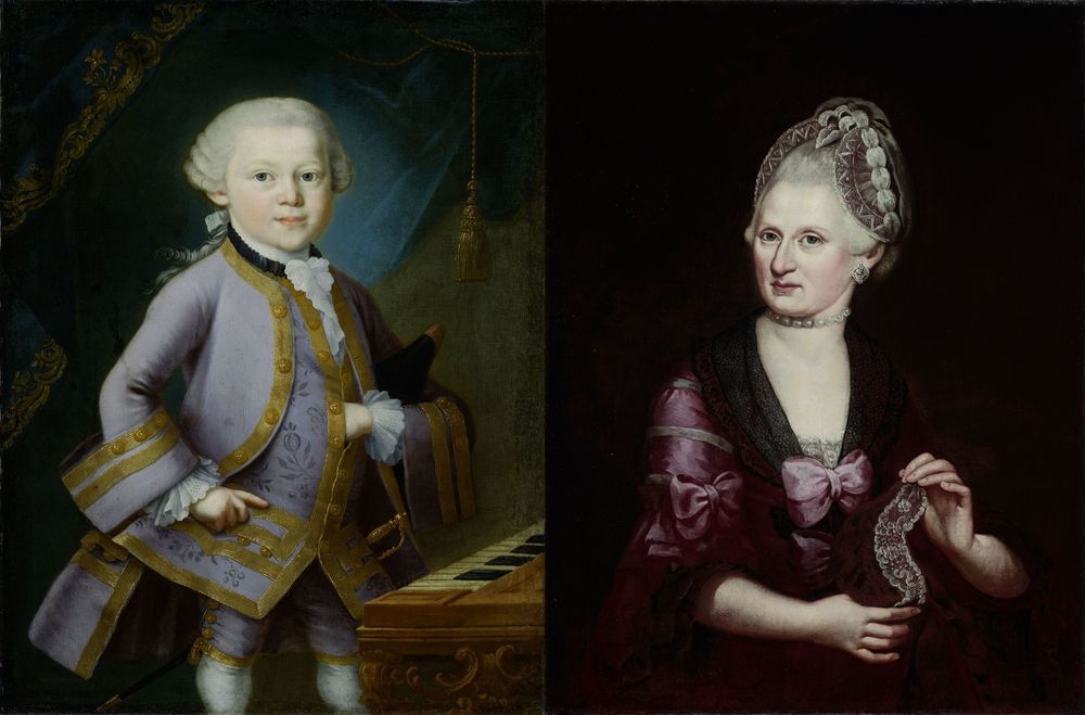 Collage der Portraits von Mozart im Galakleid und Anna Maria Mozart